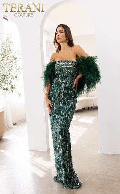 241GL2603 V-Line Off-Shoulder Hunter Green Tulle Column Evening Dress