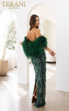 241GL2603 V-Line Off-Shoulder Hunter Green Tulle Column Evening Dress