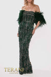 241GL2603 V-Line Off-Shoulder Hunter Green Tulle Column Evening Dress