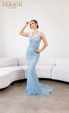 241GL2606 Plunging Tulle Ice Blue Column Evening Dress