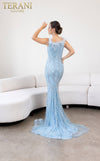 241GL2606 Plunging Tulle Ice Blue Column Evening Dress
