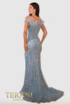 241GL2606 Plunging Tulle Ice Blue Column Evening Dress