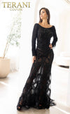 241GL2610 Trumpet Boat Long Sleeves Tulle Black Nude Evening Dress