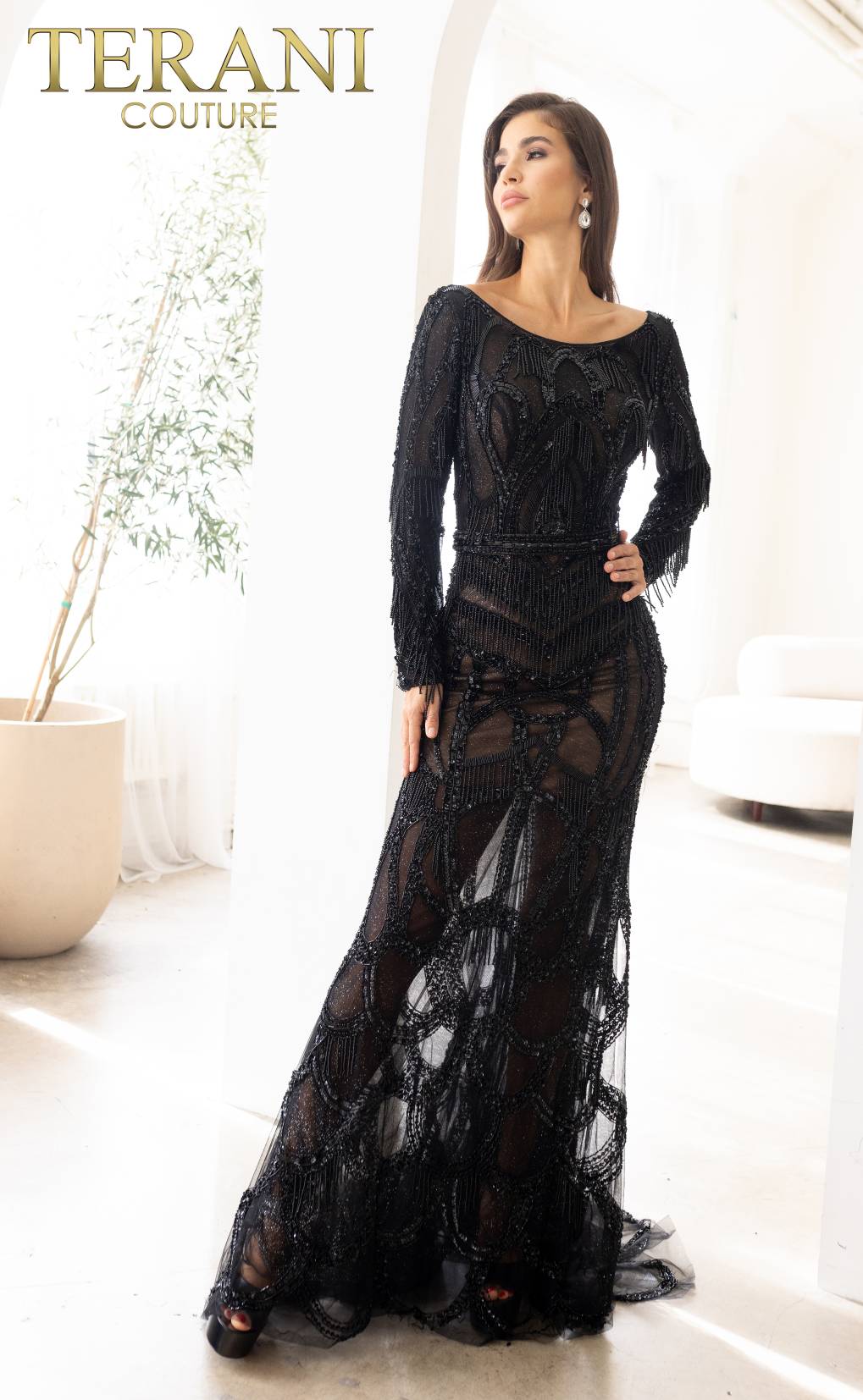 241GL2610 Trumpet Boat Long Sleeves Tulle Black Nude Evening Dress