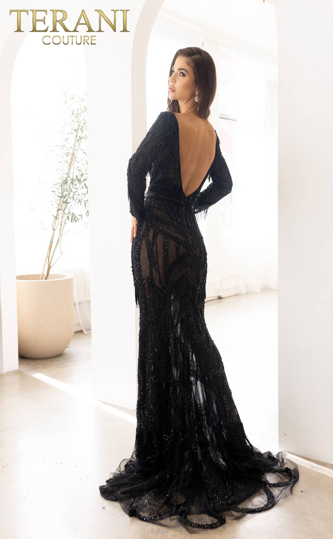 241GL2610 Trumpet Boat Long Sleeves Tulle Black Nude Evening Dress