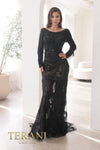 241GL2610 Trumpet Boat Long Sleeves Tulle Black Nude Evening Dress