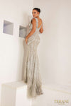 241GL2612 Plunging Tulle Silver Gunmetal Column Evening Dress