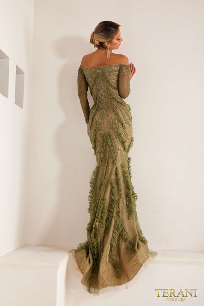 241GL2628 Long Sleeves Off-Shoulder Fishnet Olive Nude Column Evening Dress