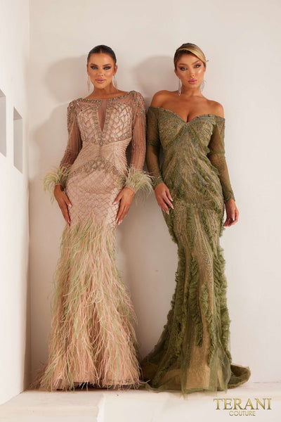 241GL2631 Long Sleeves Tulle Sage Champagne Trumpet Evening Dress