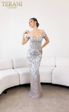 241GL2642 V-Line Off-Shoulder Tulle Silver Column Evening Dress
