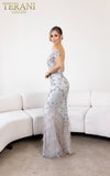 241GL2642 V-Line Off-Shoulder Tulle Silver Column Evening Dress