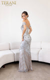 241GL2642 V-Line Off-Shoulder Tulle Silver Column Evening Dress