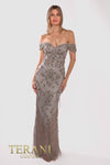 241GL2642 V-Line Off-Shoulder Tulle Silver Column Evening Dress