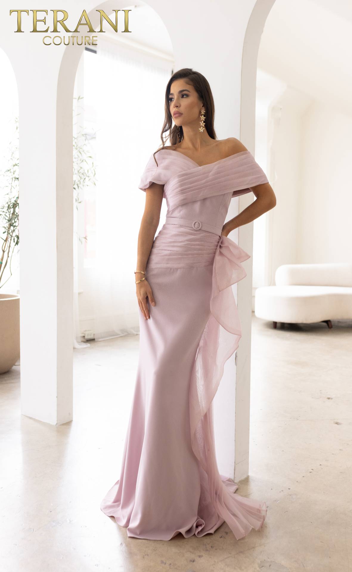 241M2703 A-Line Off-Shoulder Chiffon Mink Column Evening Dress