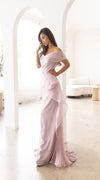 241M2703 A-Line Off-Shoulder Chiffon Mink Column Evening Dress