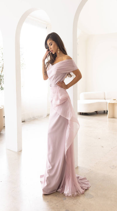 241M2703 A-Line Off-Shoulder Chiffon Mink Column Evening Dress