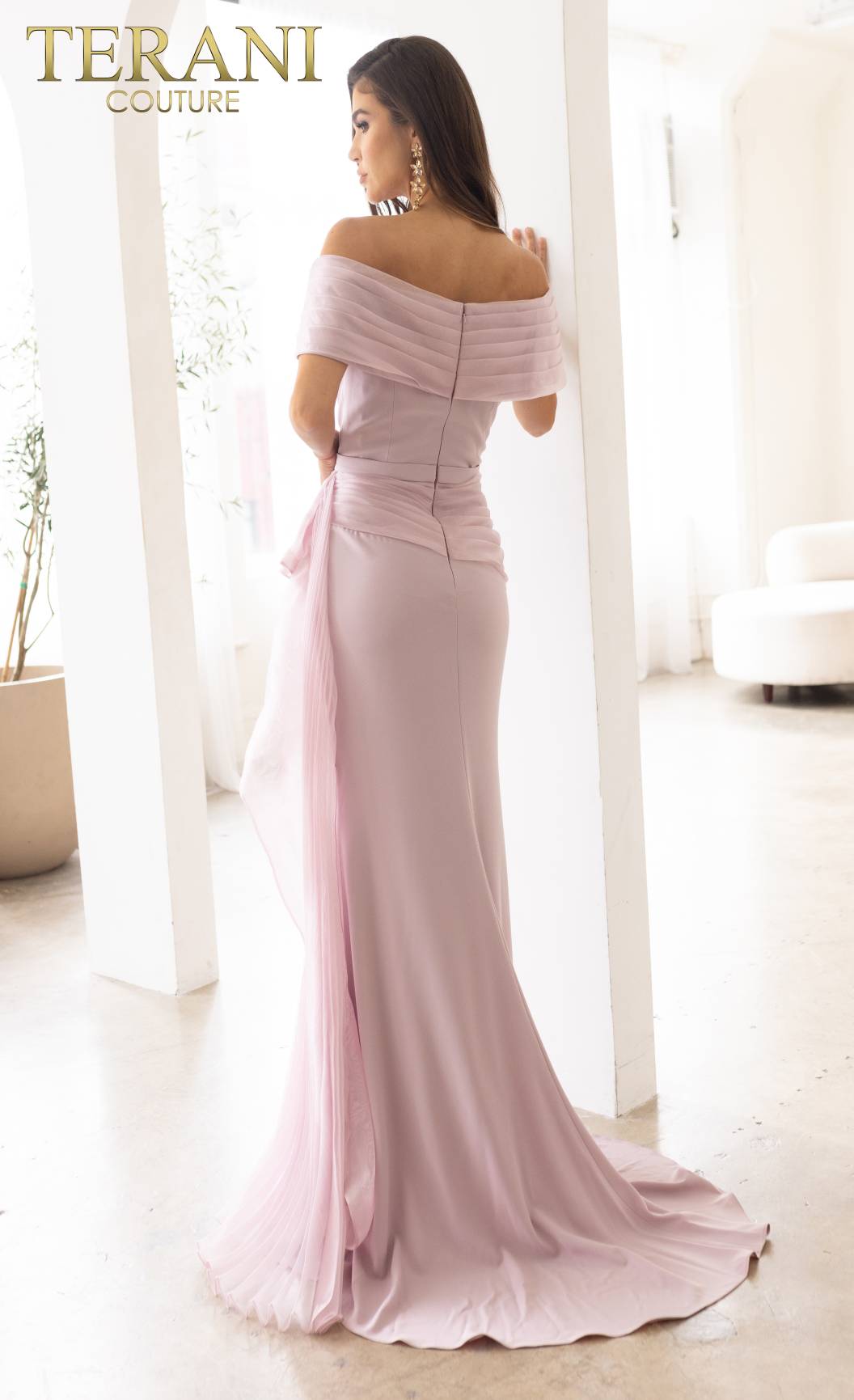 241M2703 A-Line Off-Shoulder Chiffon Mink Column Evening Dress