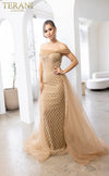 241M2706 V-Line Off-Shoulder Beaded Tulle Champagne Column Evening Dress