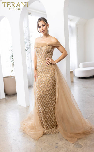 241M2706 V-Line Off-Shoulder Beaded Tulle Champagne Column Evening Dress
