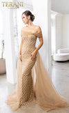241M2706 V-Line Off-Shoulder Beaded Tulle Champagne Column Evening Dress