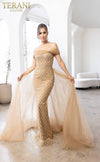 241M2706 V-Line Off-Shoulder Beaded Tulle Champagne Column Evening Dress