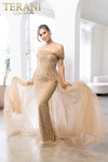 241M2706 V-Line Off-Shoulder Beaded Tulle Champagne Column Evening Dress
