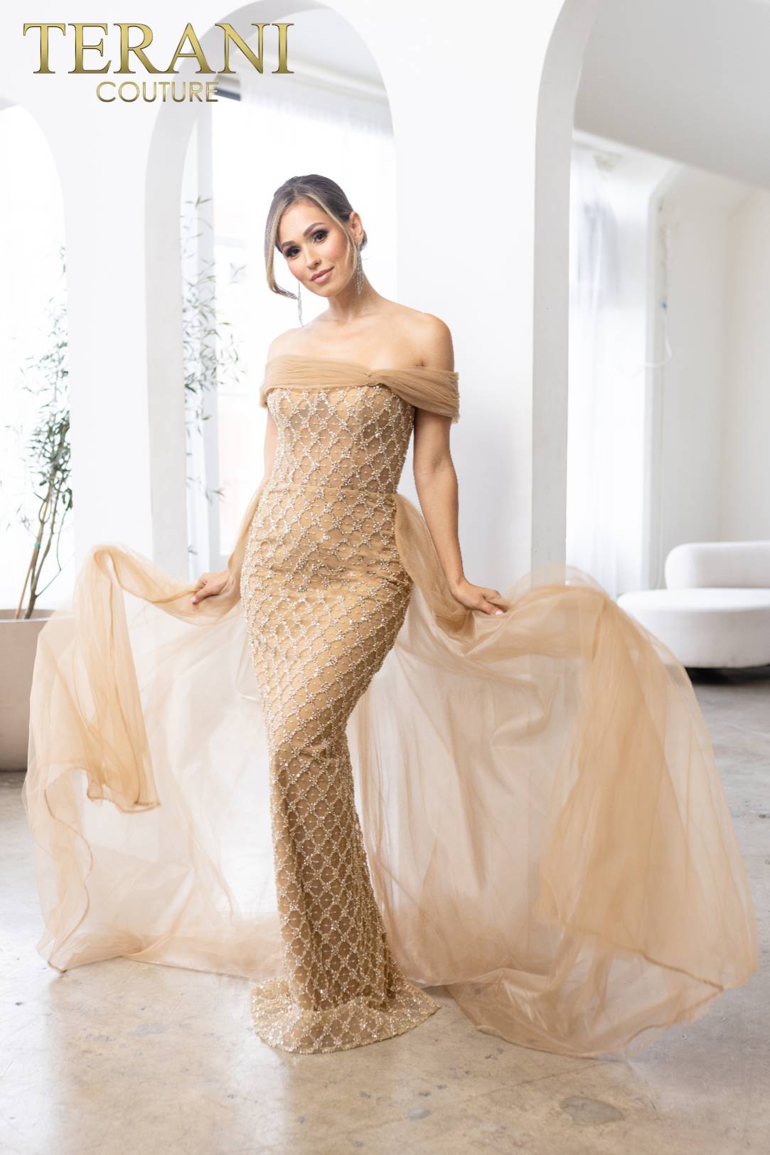 241M2706 V-Line Off-Shoulder Beaded Tulle Champagne Column Evening Dress