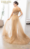 241M2706 V-Line Off-Shoulder Beaded Tulle Champagne Column Evening Dress