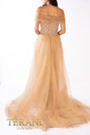241M2706 V-Line Off-Shoulder Beaded Tulle Champagne Column Evening Dress