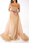 241M2706 V-Line Off-Shoulder Beaded Tulle Champagne Column Evening Dress