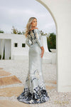 241M2715 A-Line Off-Shoulder 3/4 Sleeves Silver Black Column Evening Dress
