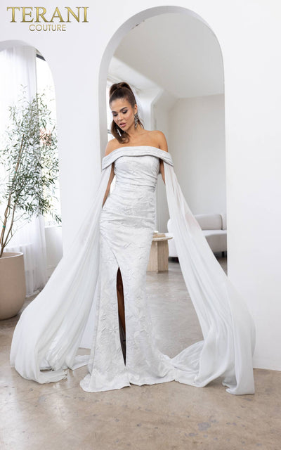 241M2721 Off-Shoulder Jacquard Silver Column Evening Dress