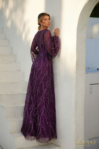 241M2739 Long Sleeves A-Line V-Neck Lace on Tulle Evening Dress