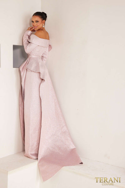 241M2743 Long Sleeves V-Line Off-Shoulder Rose Gold Column Evening Dress