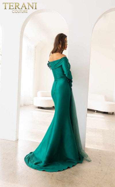 241M2759 - Off Shoulder Trumpet Emerald Dress