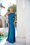 241M2760 V-Line Asymmetrical Off-Shoulder Dark Denim Column Evening Dress