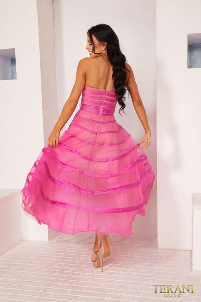 241P2044 A-Line Strapless Embroidered Tea-Length Fuchsia Prom Dress