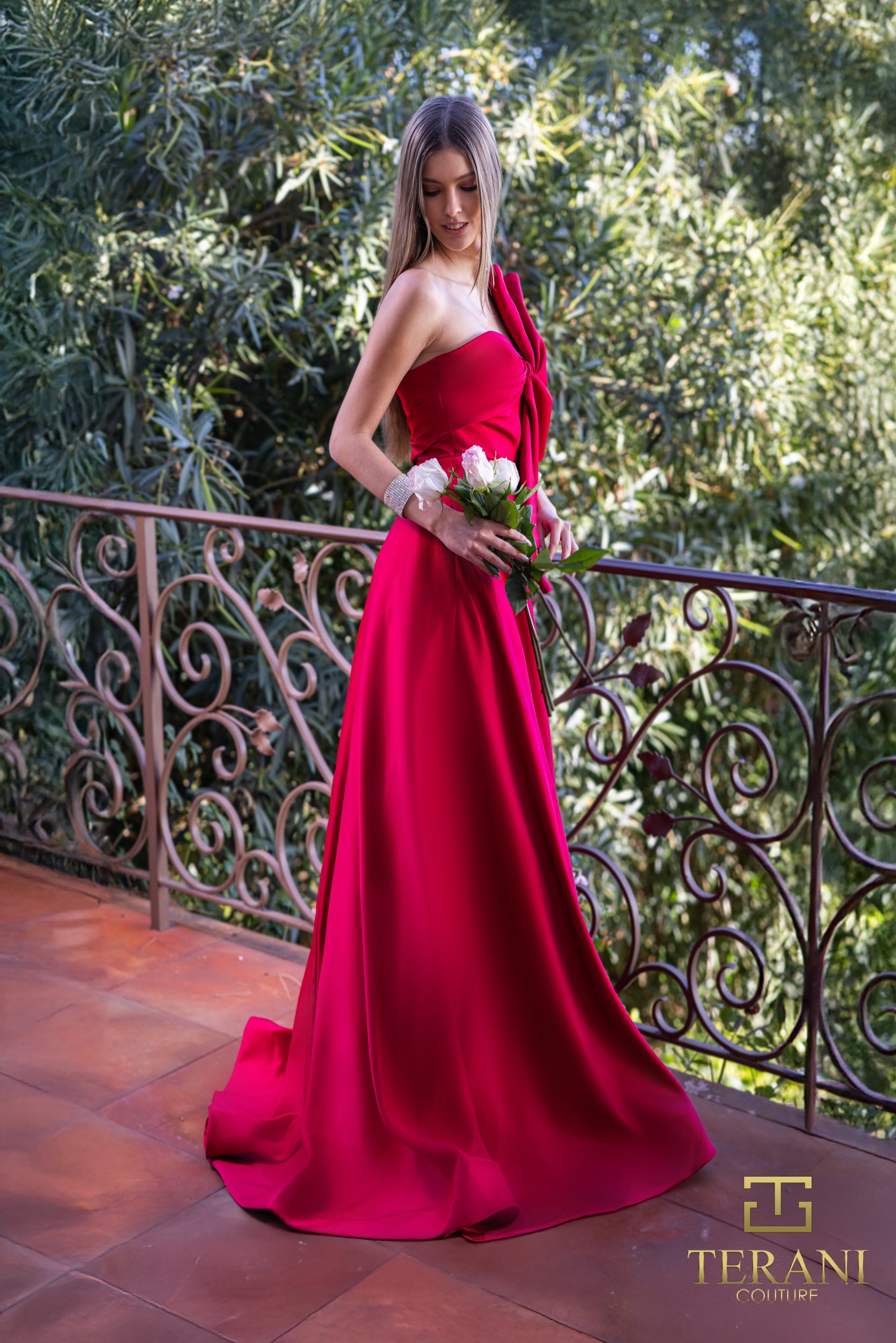 241P2067 Asymmetrical Matte Satin Evening Ballgown Dress