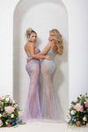 241P2071 Plunging Neckline Bodycon Sleeveless Tulle Long Prom Dress