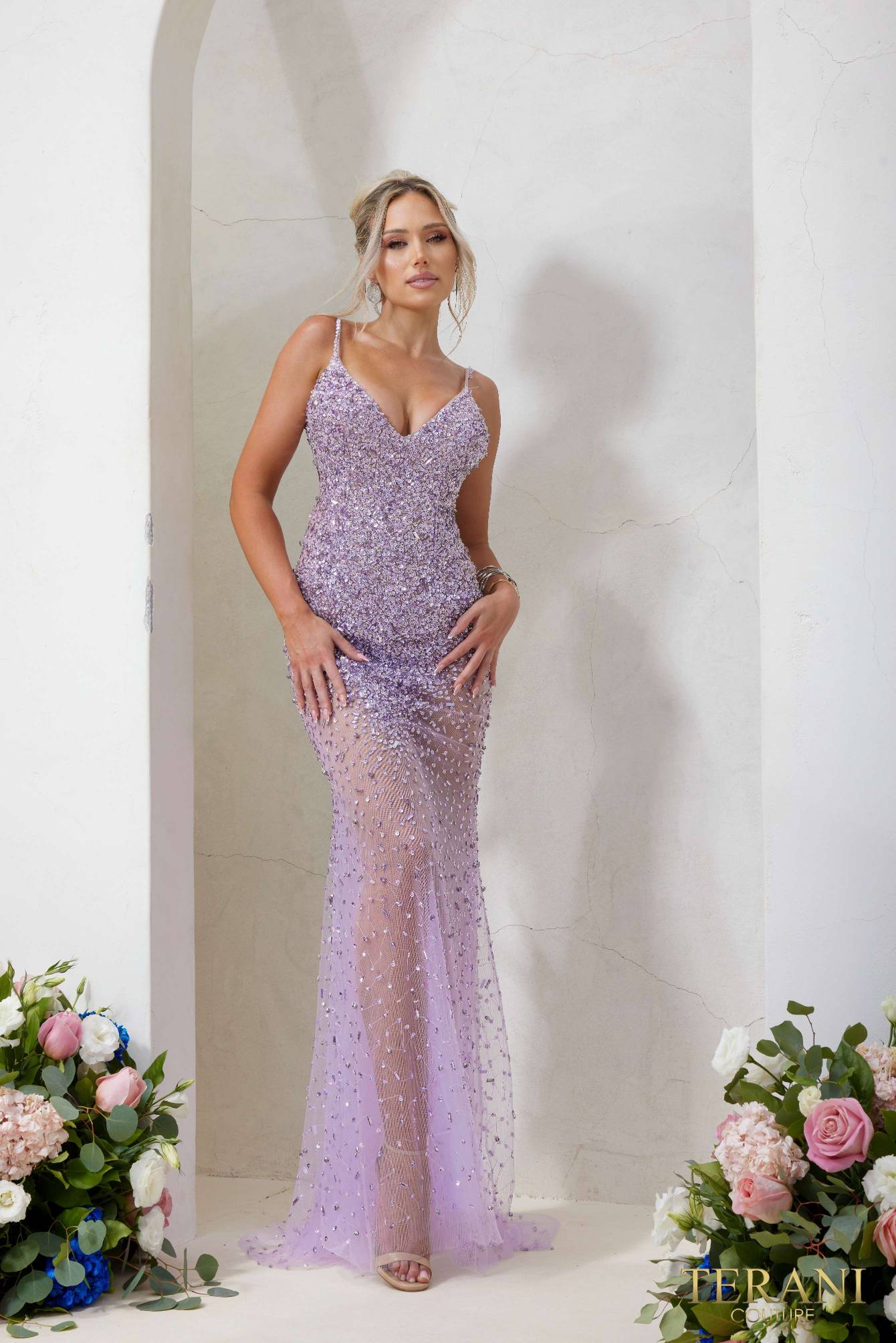 241P2071 Plunging Neckline Bodycon Sleeveless Tulle Long Prom Dress