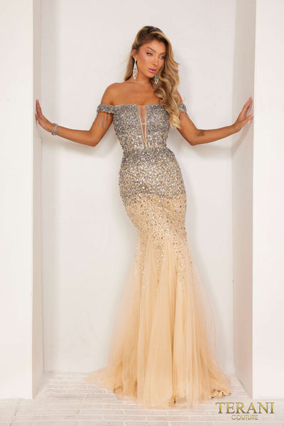 241P2095 Off-Shoulder Bodycon Tulle Long Prom Dress