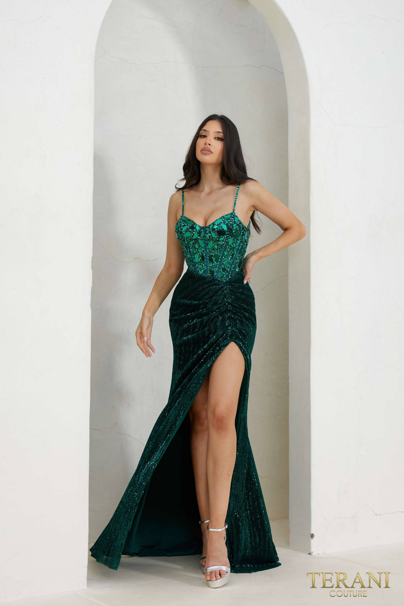 241P2119 Spaghetti Bodycon Sleeveless Sequin Tulle Long Prom Dress