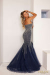 241P2132 Sleeveless Mermaid Beaded Tulle Navy Long Prom Dress