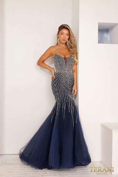 241P2132 Sleeveless Mermaid Beaded Tulle Navy Long Prom Dress