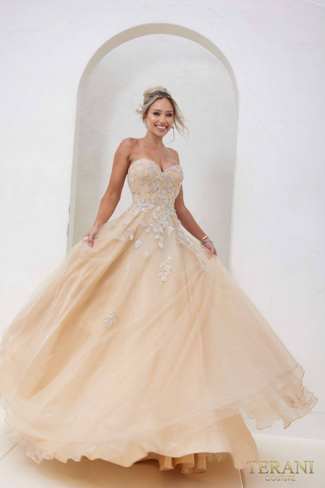 241P2216 Off-Shoulder Glitter Tulle Champagne Ballgown Prom Dress