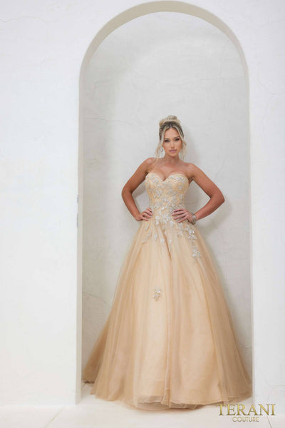 241P2216 Off-Shoulder Glitter Tulle Champagne Ballgown Prom Dress