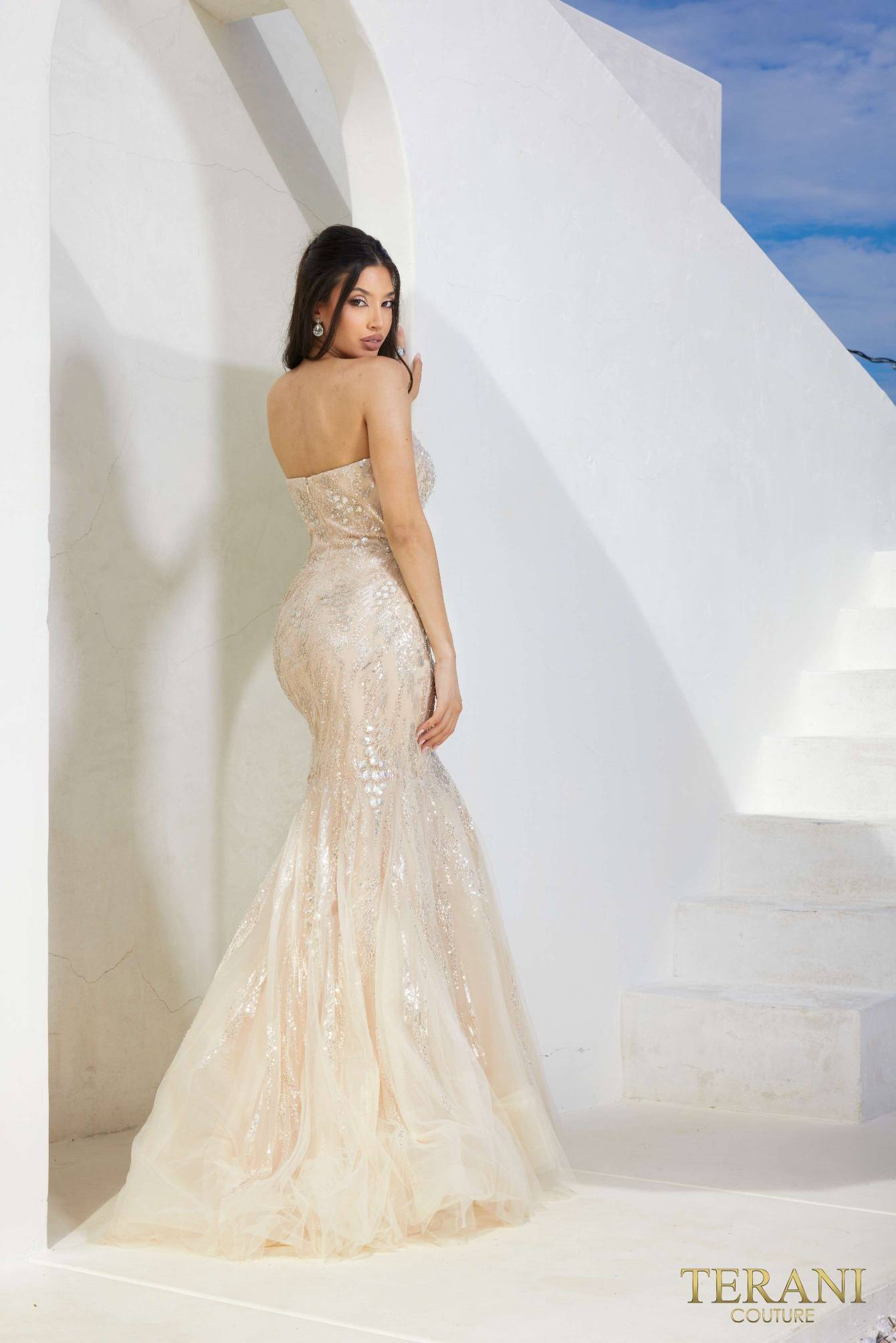 241P2219 Sleeveless Trumpet Beaded Tulle Long Prom Dress