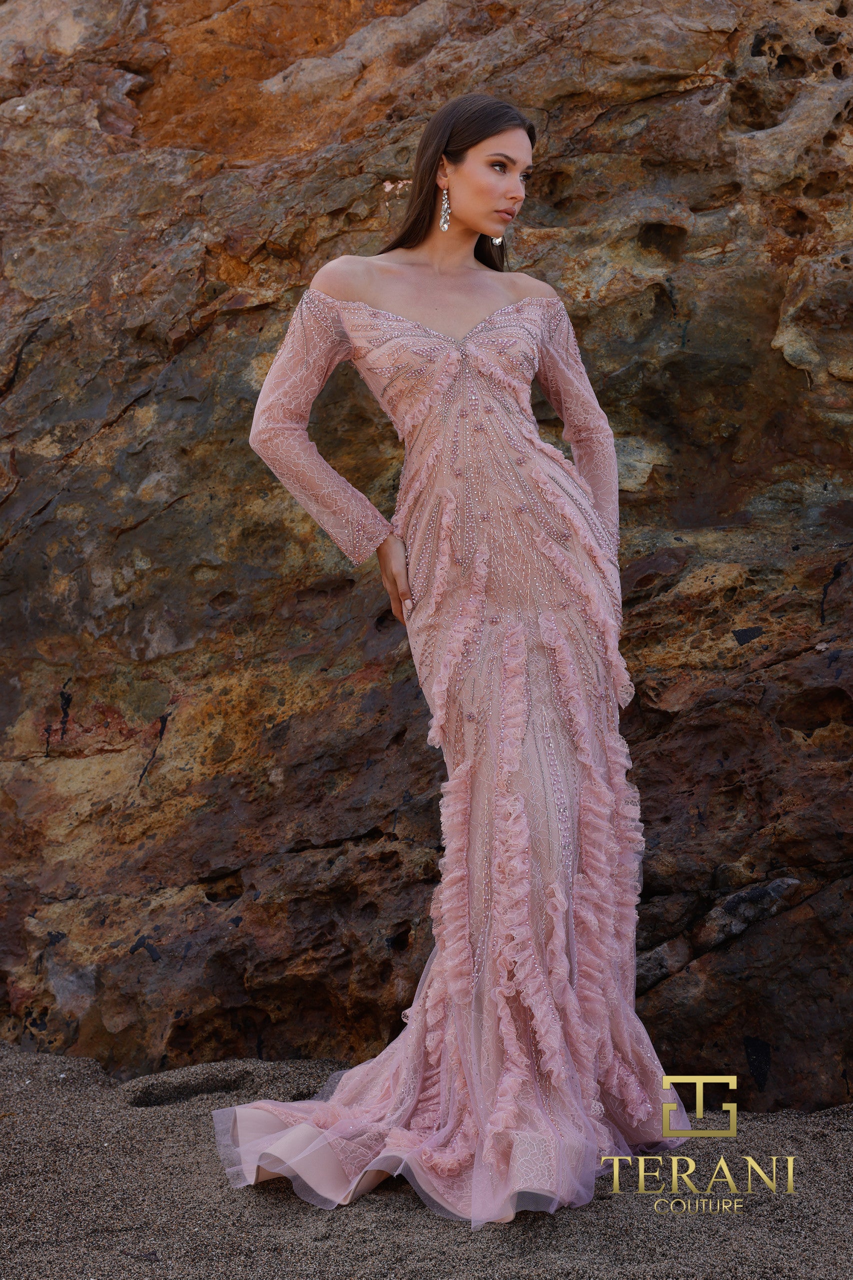 241GL2628 Long Sleeves Off-Shoulder Fishnet Olive Nude Column Evening Dress 241GL2628 Long Sleeves Off-Shoulder Fishnet Olive Nude Column Evening Dress
