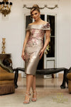 242C3024 Taupe Rose Printed Jacquard Off-Shoulder cocktail Dress
