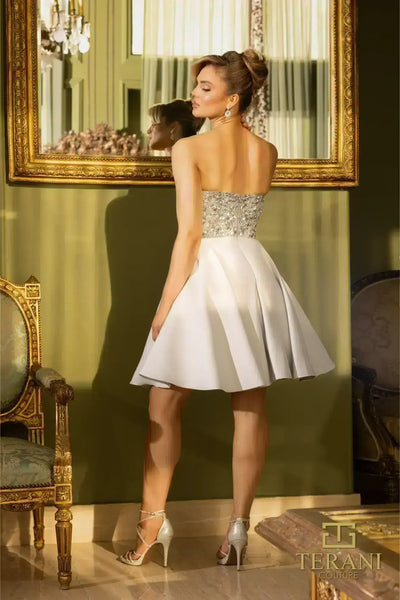 242C3049 Silver Matte Satin Strapless cocktail Dress
